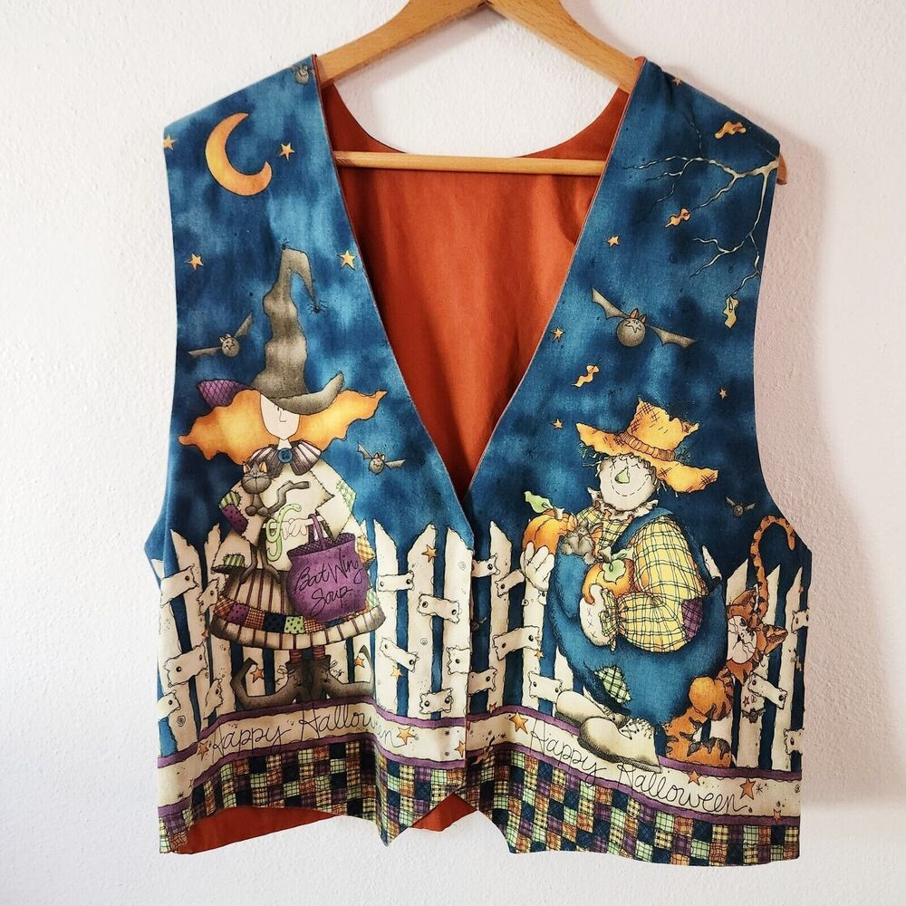 Vintage 80s 90s Halloween Vest Witch and Scarecrow Vest Cute Ghost Bats Sz L/XL?